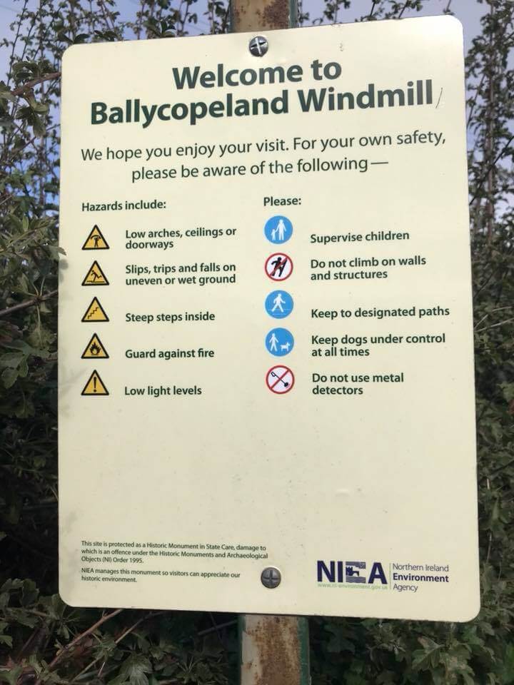 Weclome to Ballycopeland Windmill sign