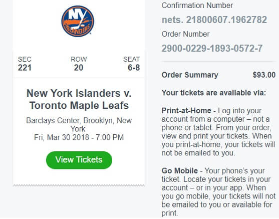 New York Islander ticket