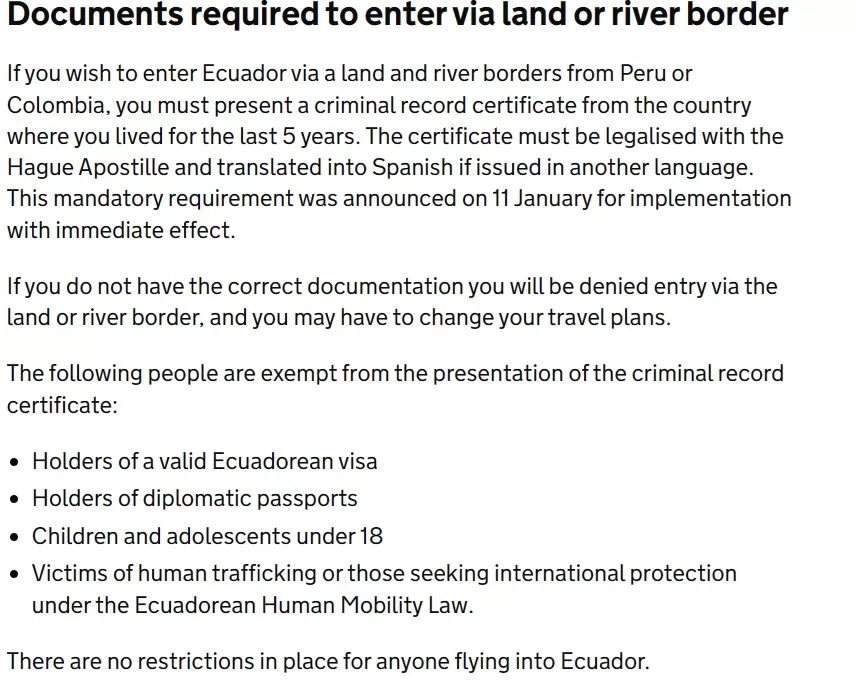 Not Crossing from Colombia to Ecuador by Land Border. Documents required